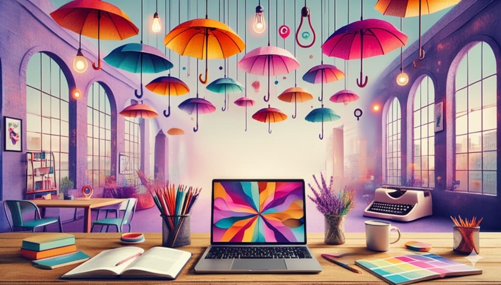Creative workspace with colorful umbrellas and hanging lights